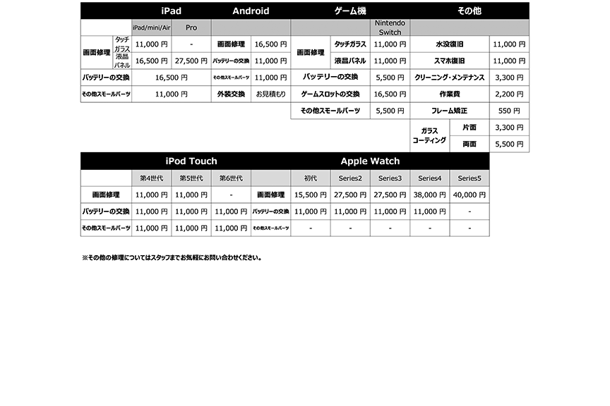 スマホ修理工房料金２